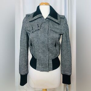 Taifun Black White Checkered Tweed Wool Blend Bomber Jacket Sz 4/34 Gerry Weber